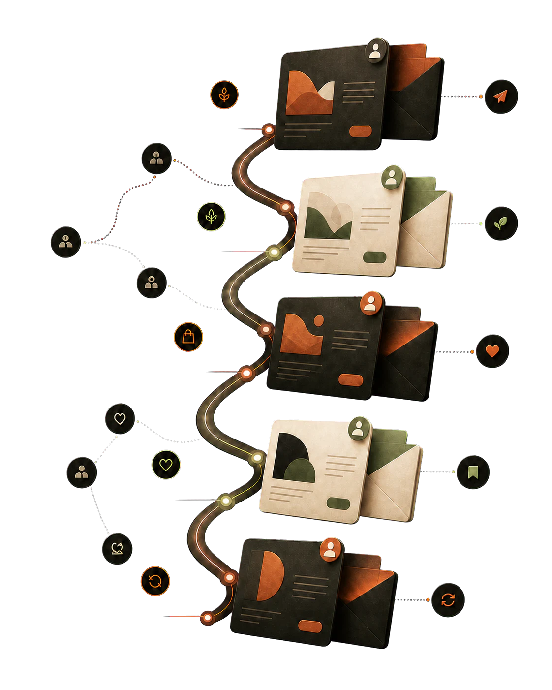 Abstract email lifecycle journey showing acquisition, nurture, conversion, retention, and re-engagement